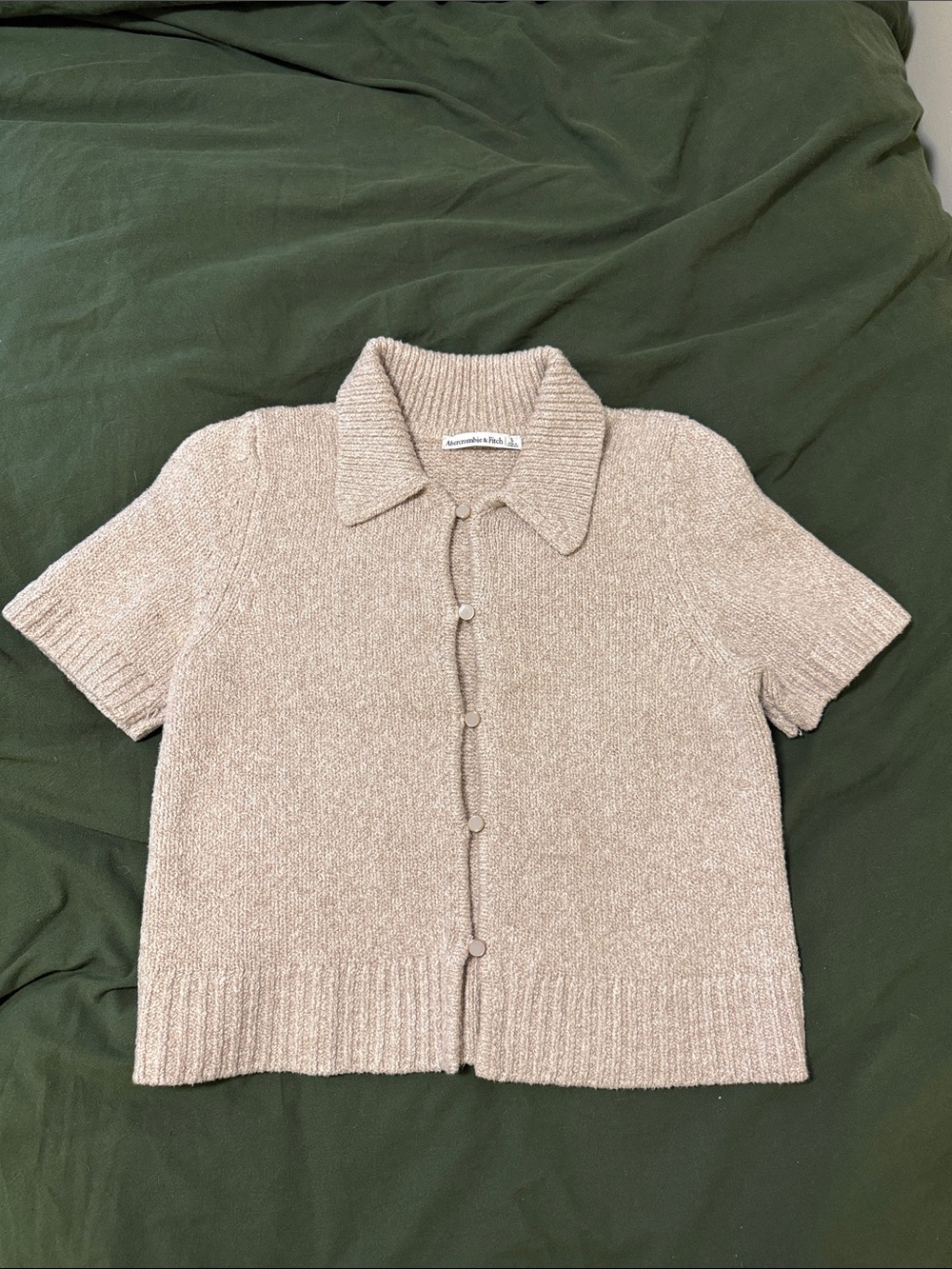 A&F Short-Sleeve Knit Button-Up Sweater in Light Beige